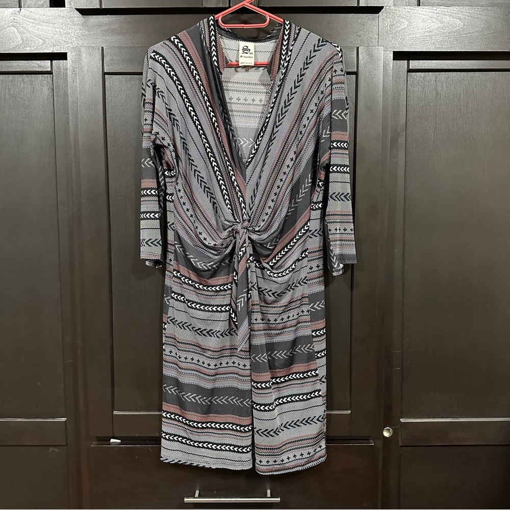 S-Twelve Multicolor Print Faux Wrap Ruched 3/4 Sleeve MIDI Dress L aztec/folk